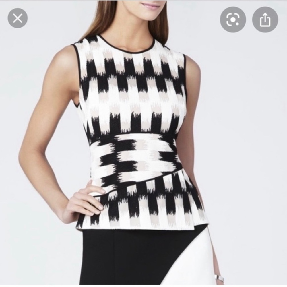 BCBGMAXAZRIA Jolyne Peplum Tank Top with bold, white and black striped color